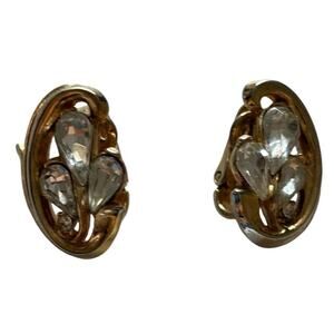 Vintage Trifari Alfred Philippe Gold Clip-On Earrings With Clear Rhinestones